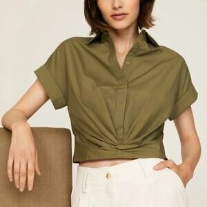 Lauren Ralph Lauren Gyula Top Short Sleeve Gathered Hem Cropped Olive Green 2